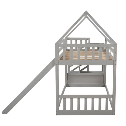 Twin over Twin House Bunk Bed with Slide and Storage Staircase,Grey