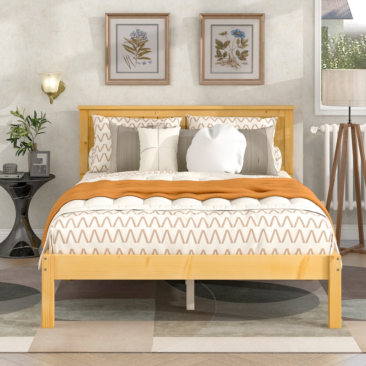 Platform Full Bed with Headboard,Natural