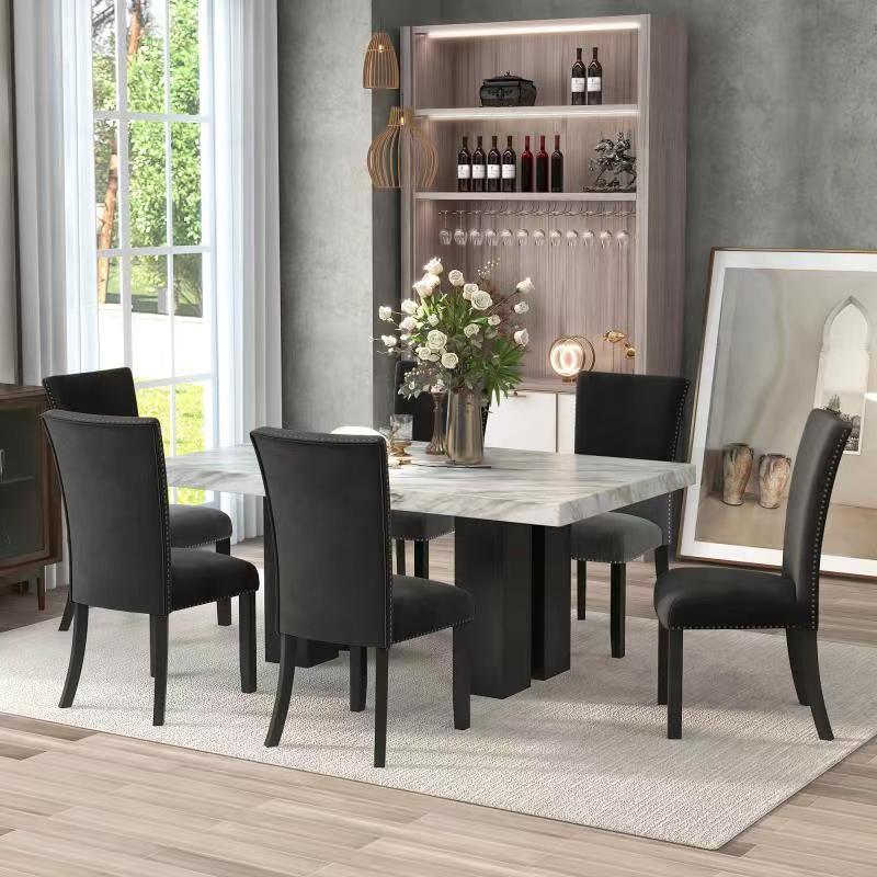 7-piece Dining Table Set with 1 Faux Marble Dining Rectangular Table and 6 Upholstered-Seat Chairs ,for Dining room and Living Room ,Black