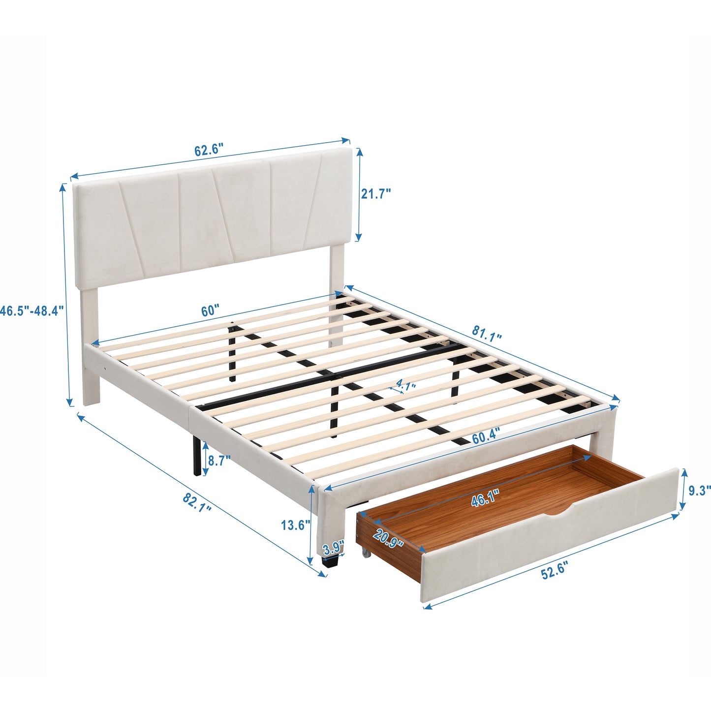 Queen Size Upholstery Platform Bed with One Drawer,Adjustable Headboard, Beige