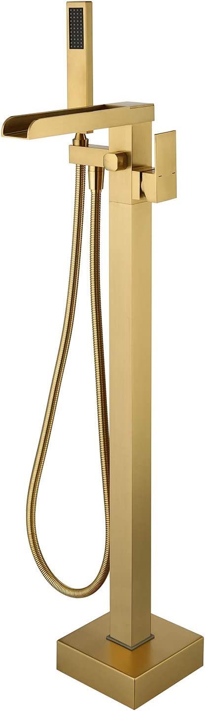 Bathroom Freestanding Waterfall Tub filler Brushed Gold Floor Mount Faucet with Hand Shower