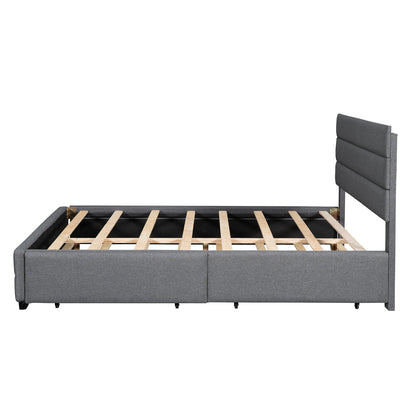 Queen Upholstered Platform Bed with Trundle and Two Drawers,Grey