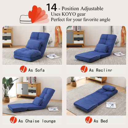 Indoor Chaise Lounge Sofa, Floor Chair with Back Support for Adults, 14 Angle Adjustment Recliner Chair, Folding Floor Lounger with Pillow
