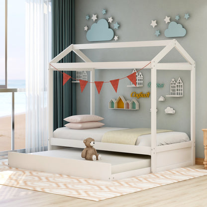 House Bed with Trundle, can be Decorated,White(Old SKU:SM000103AAK)