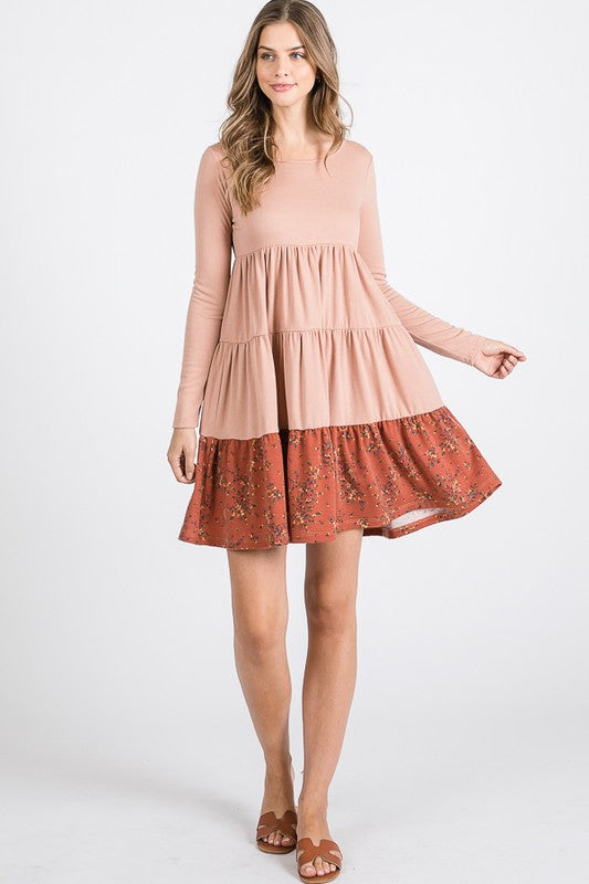 French Terry Tiered  flower contrast  Shift Dress