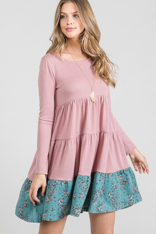 French Terry Tiered  flower contrast  Shift Dress