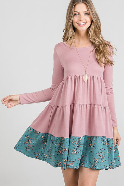 French Terry Tiered  flower contrast  Shift Dress