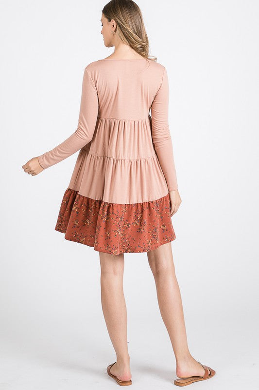 French Terry Tiered  flower contrast  Shift Dress