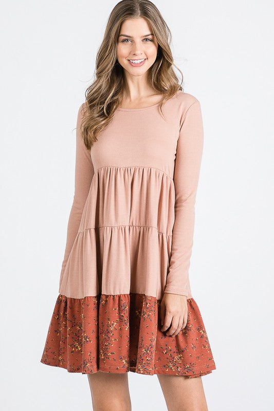 French Terry Tiered  flower contrast  Shift Dress