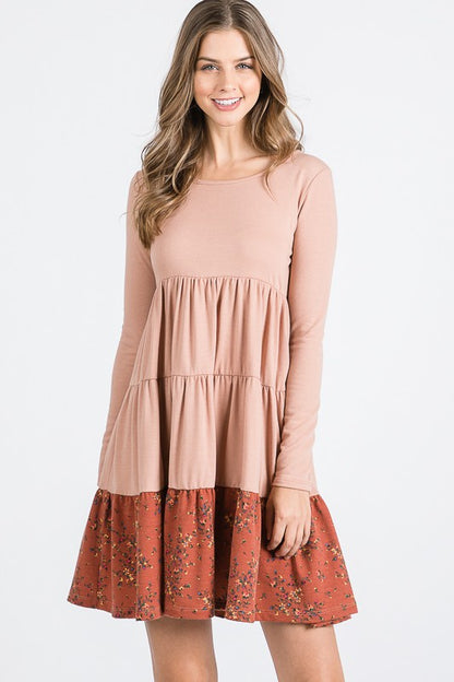 French Terry Tiered  flower contrast  Shift Dress