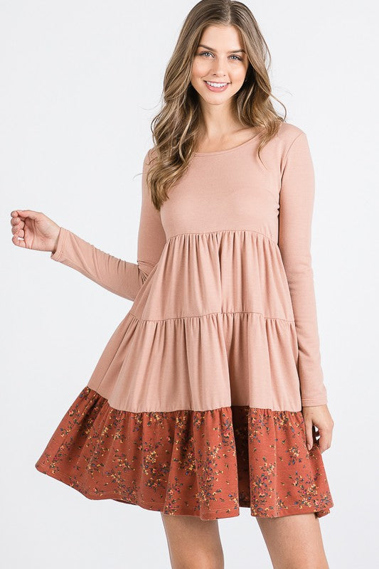 French Terry Tiered  flower contrast  Shift Dress