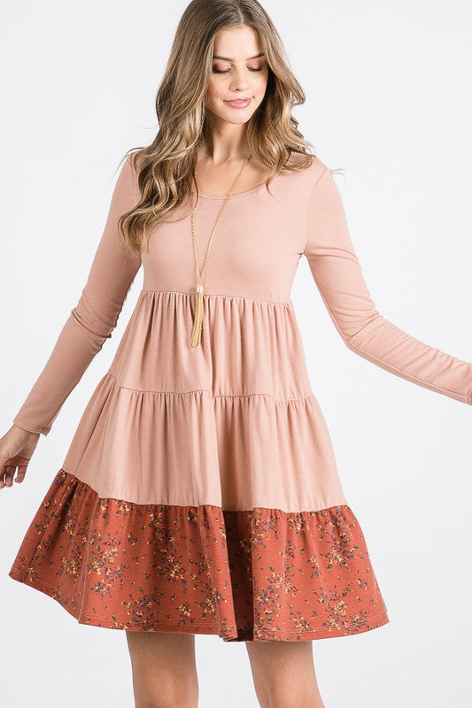 French Terry Tiered  flower contrast  Shift Dress