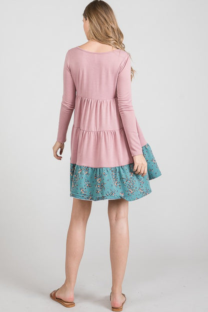 French Terry Tiered  flower contrast  Shift Dress