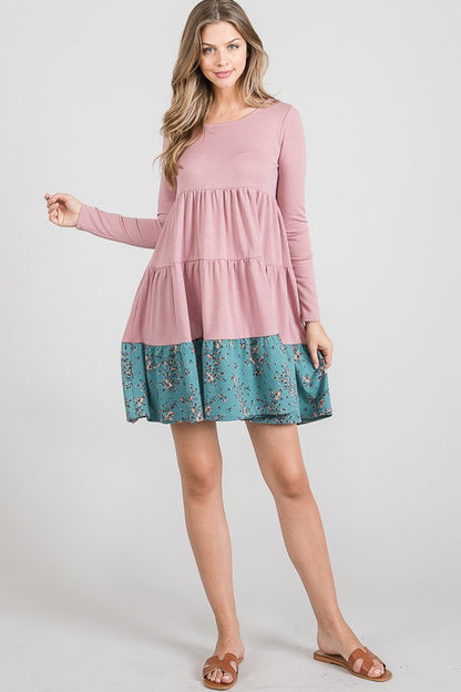 French Terry Tiered  flower contrast  Shift Dress