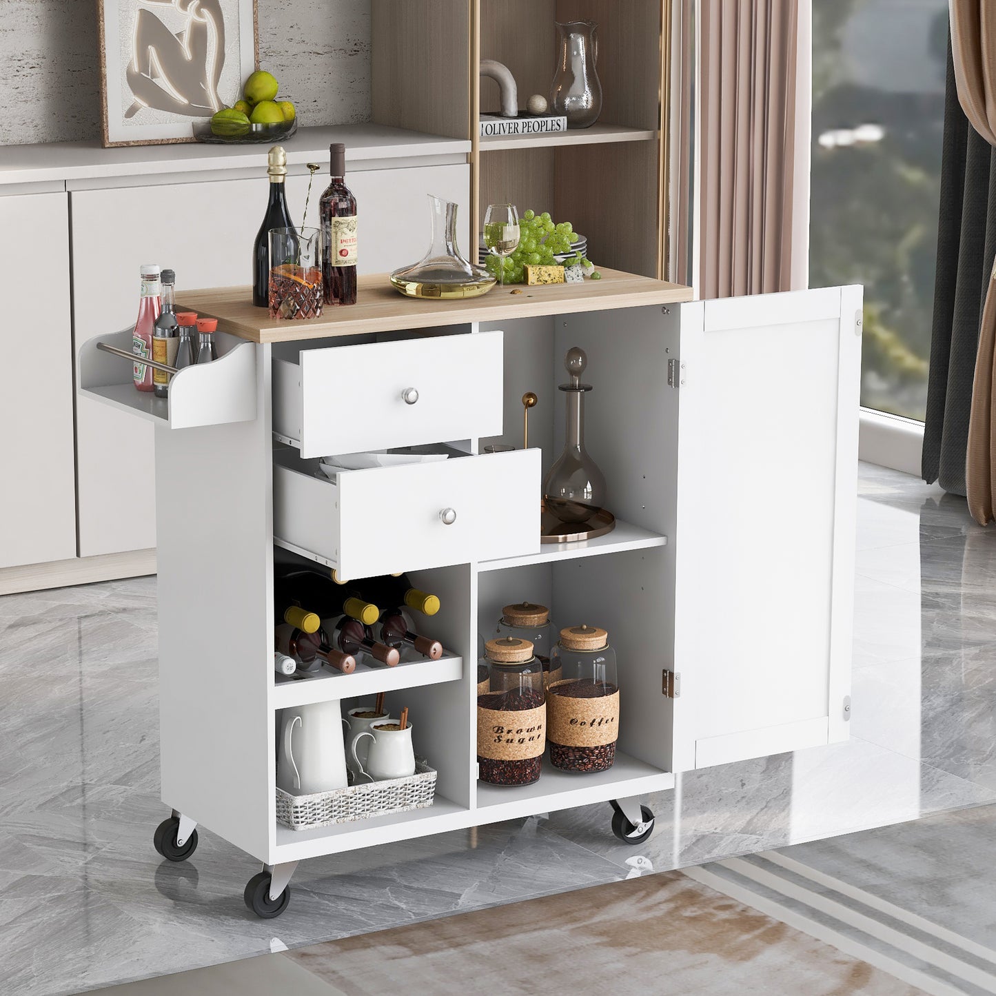 K&K Store Kitchen Cart with Spice Rack ,Towel Rack & Two Drawers,Rubber wood top,Kitchen Island with 4 Wheels for Dining Rooms Kitchens Living Rooms, White