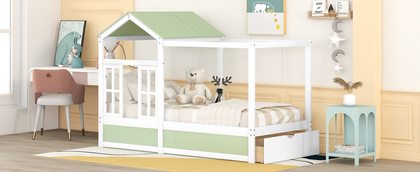 Twin Size House Bed with Roof, Window and Drawer - Green + White