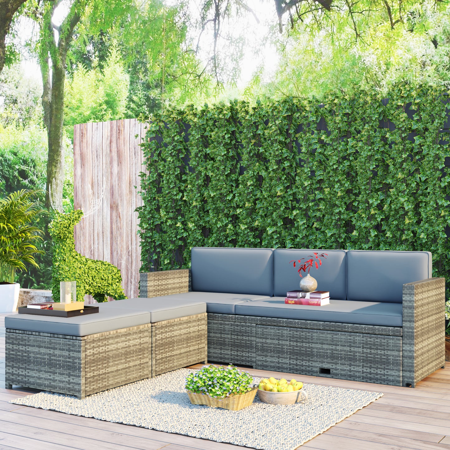 TOPMAX 4-piece Outdoor Backyard Patio Rattan Sofa Set, All-weather PE Wicker Sectional Furniture Set with Retractable Table, Gray