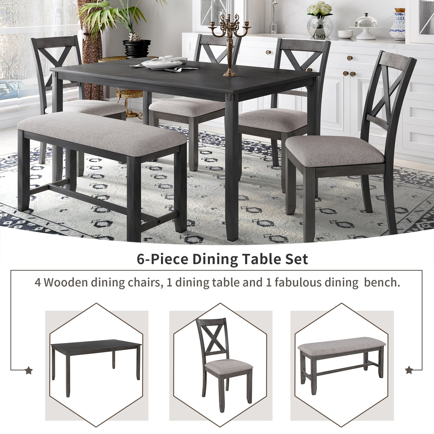 TREXM 6-Piece Kitchen Dining Table Set Wooden Rectangular Dining Table, 4 Fabric Chairs and Bench Family Furniture (Grey)