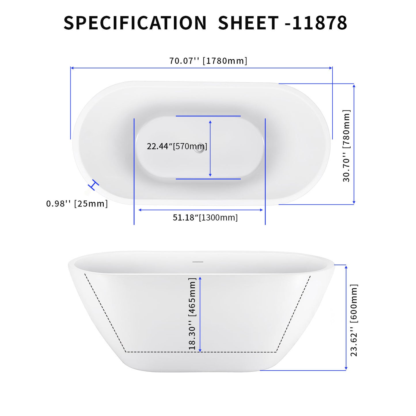 70" 100% Acrylic Freestanding Bathtub，Contemporary Soaking Tub，white Bathtub