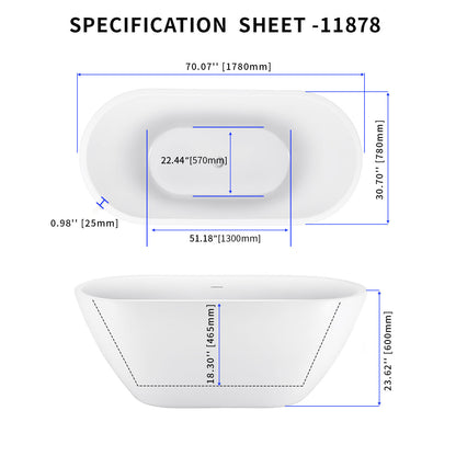 70" 100% Acrylic Freestanding Bathtub，Contemporary Soaking Tub，white Bathtub