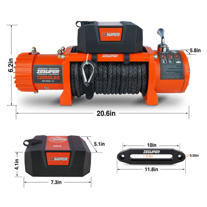 ZESUPER 13000 lb Load Capacity Electric Winch 12V Waterproof IP67 Winch Truck Winch Kit Synthetic Rope, Waterproof Off Road Winch for Jeep,Truck,SUV with Wirless Remote and Corded Control