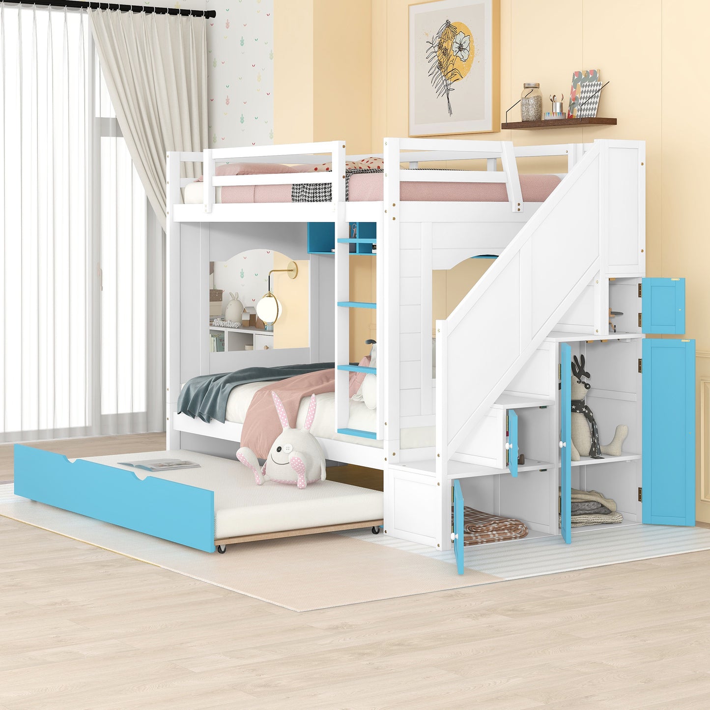 Twin Over Twin Bunk Bed with Trundle ,Stairs,Ladders Solid Wood Bunk bed with Storage Cabinet （White + Blue）