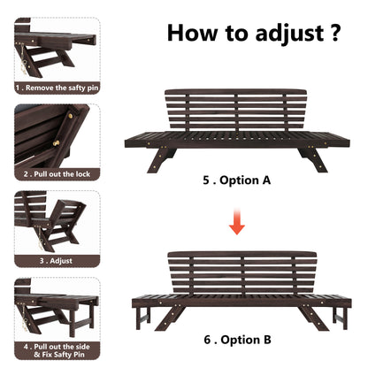 TOPMAX Outdoor Adjustable Patio Wooden Daybed Sofa Chaise Lounge with Cushions for Small Places, Brown Finish+Gray Cushion