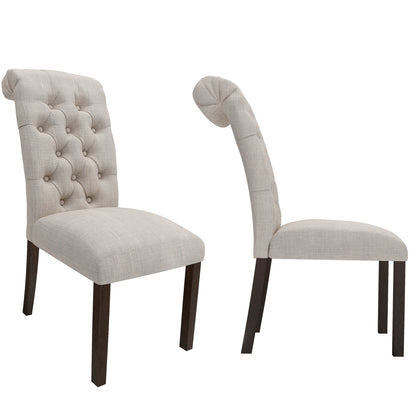 Fabric Upholstered Dining Chairs  In a Soft Beige Linen with Tufted Back And Solid Wood Legs, Set of 2