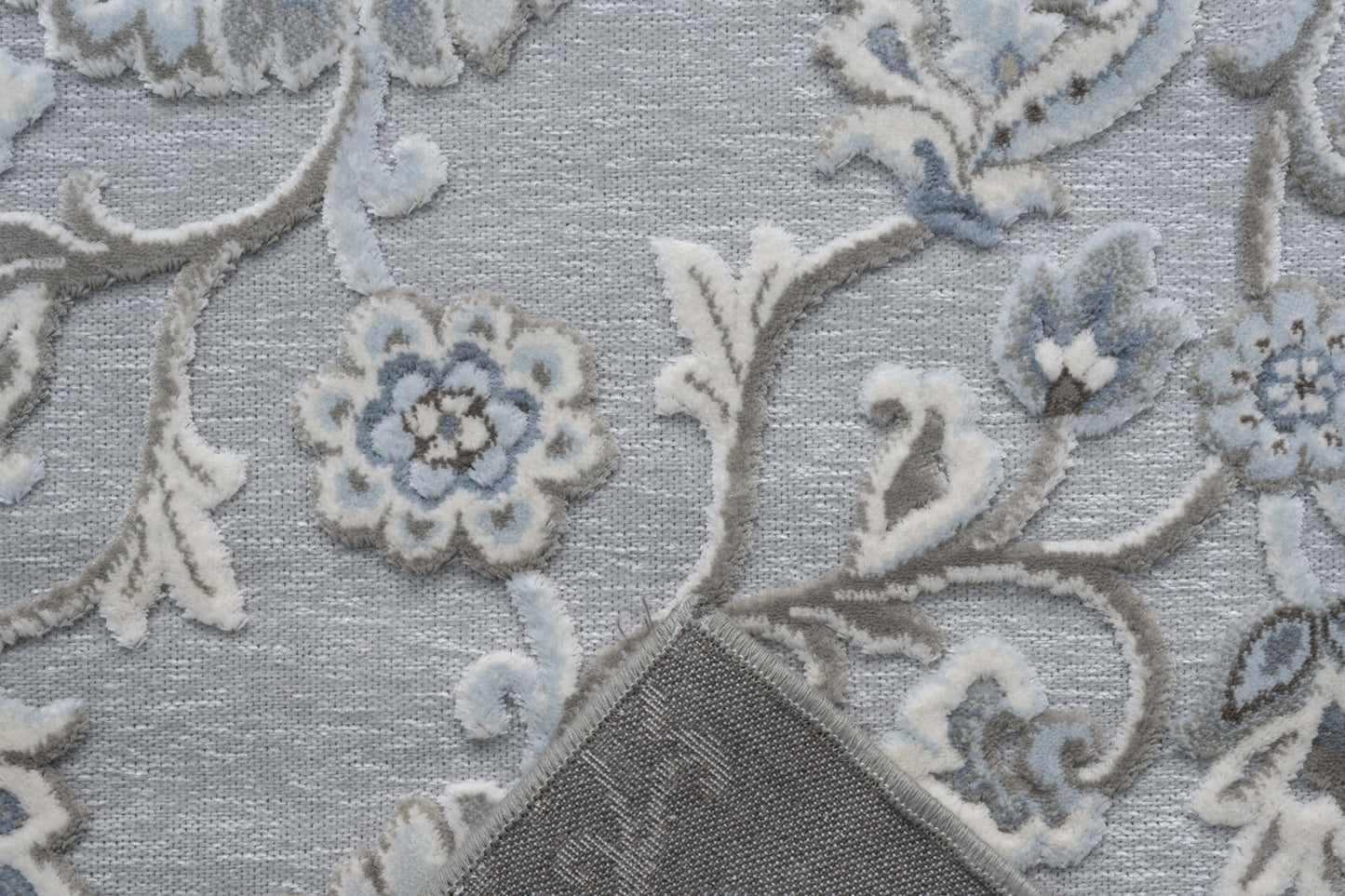 Lily Light Gray, Medium Gray, Blue and Ivory Chenille and Viscose High - Low Area Rug 5x8