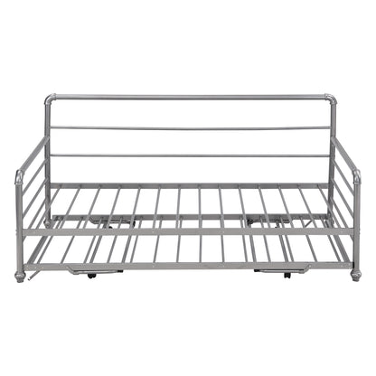 Twin Size Daybed with Adjustable Trundle, Pop Up Trundle, Silver