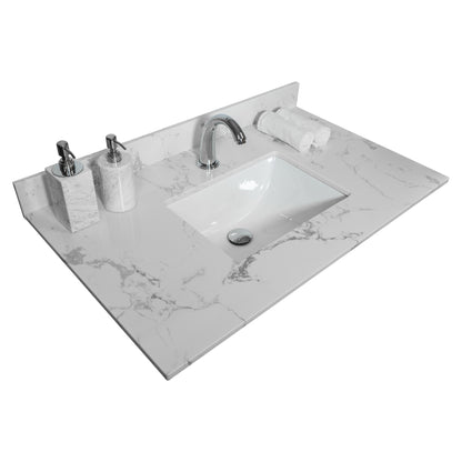 Montary 31inch bathroom stone vanity top engineered white marble color with undermount ceramic sink and single faucet hole with backsplash