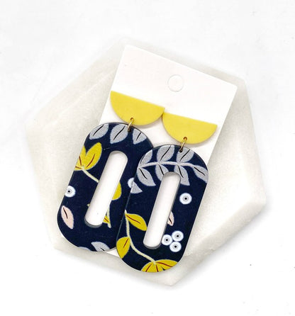 Yellow Navy Floral  Loop Acrylic Earrings