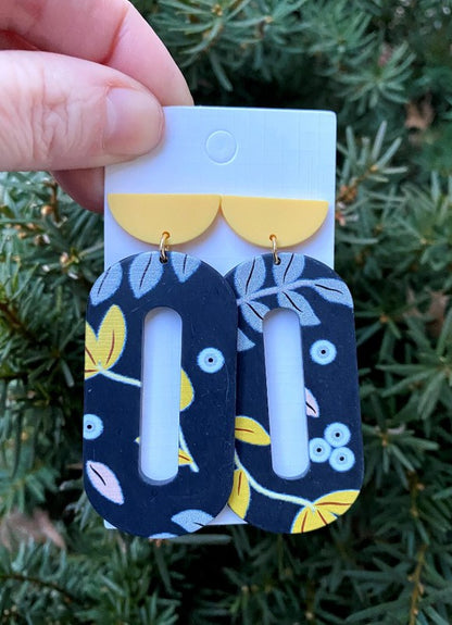 Yellow Navy Floral  Loop Acrylic Earrings