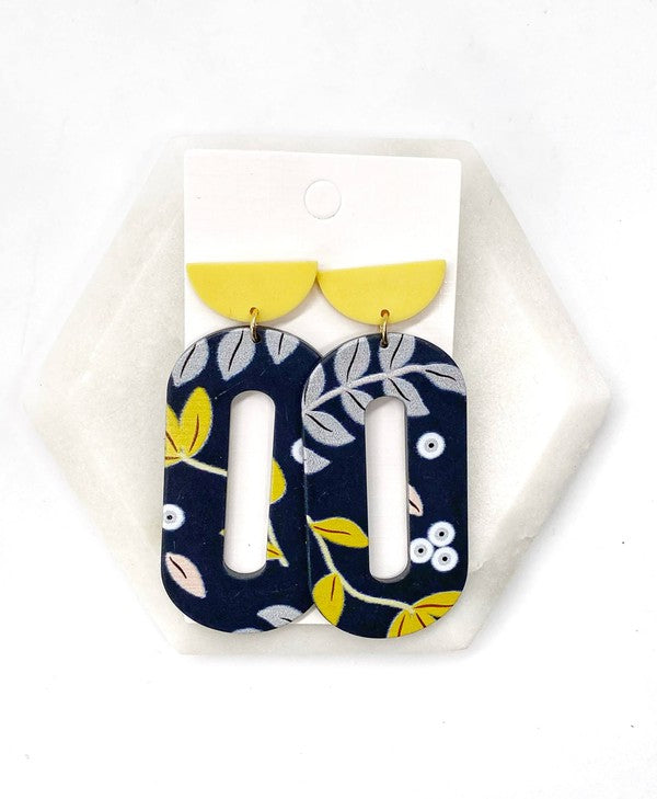 Yellow Navy Floral  Loop Acrylic Earrings