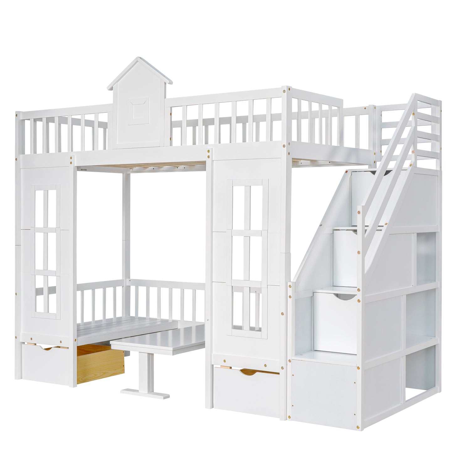 Twin-Over-Twin Bunk Bed with Changeable Table , Bunk Bed  Turn into Upper Bed and Down Desk with 2 Drawers - White