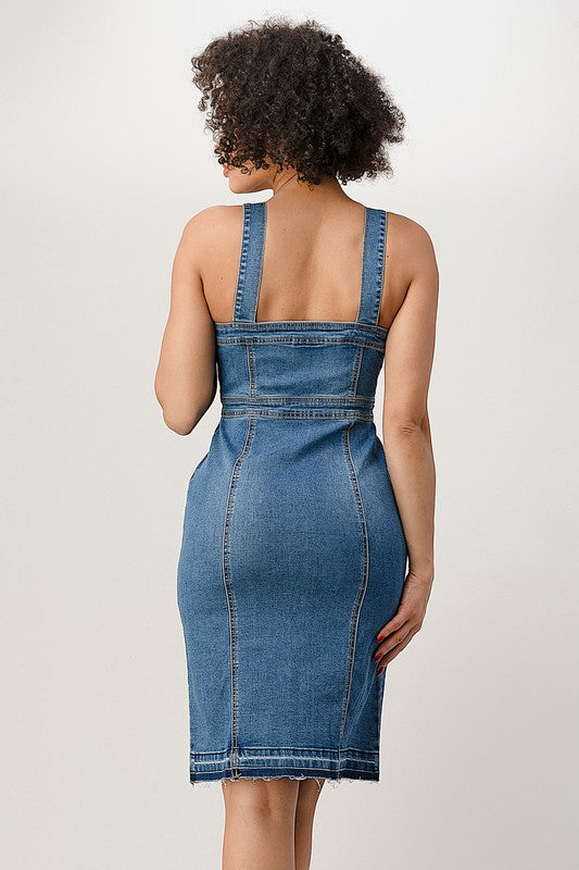 BUTTON DOWN STRAP RELEASED HEM BOTTOM DENIM DRESS