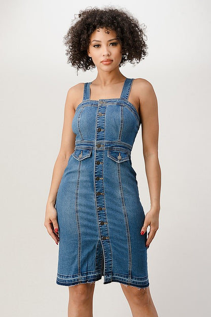 BUTTON DOWN STRAP RELEASED HEM BOTTOM DENIM DRESS