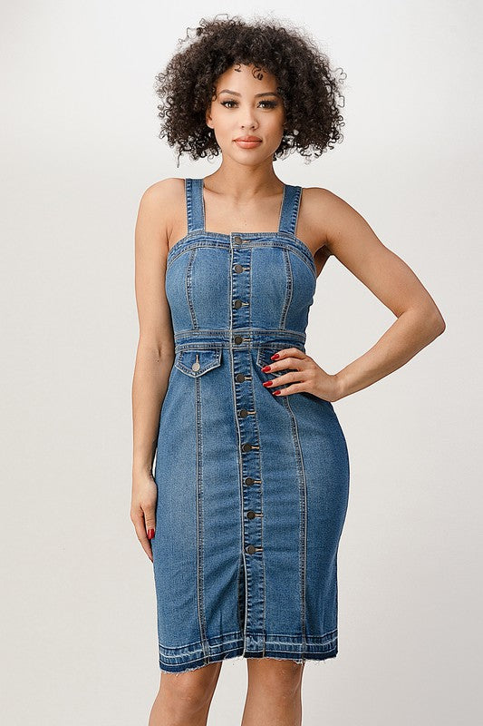 BUTTON DOWN STRAP RELEASED HEM BOTTOM DENIM DRESS