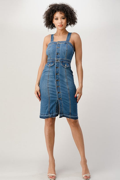 BUTTON DOWN STRAP RELEASED HEM BOTTOM DENIM DRESS