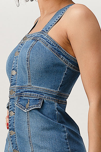 BUTTON DOWN STRAP RELEASED HEM BOTTOM DENIM DRESS