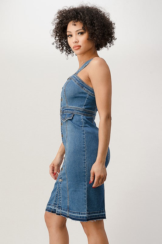 BUTTON DOWN STRAP RELEASED HEM BOTTOM DENIM DRESS