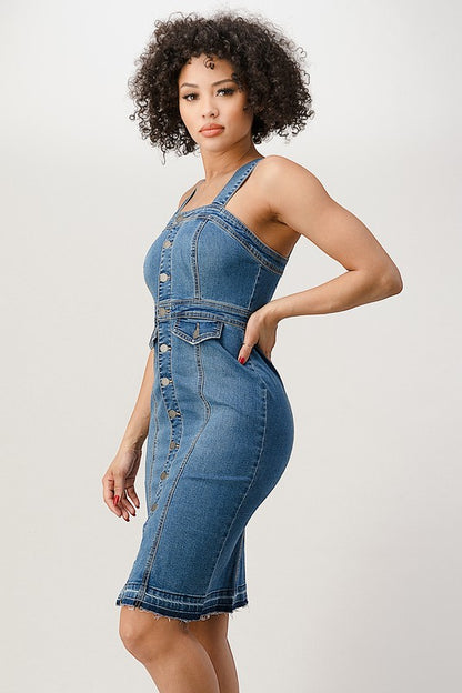 BUTTON DOWN STRAP RELEASED HEM BOTTOM DENIM DRESS