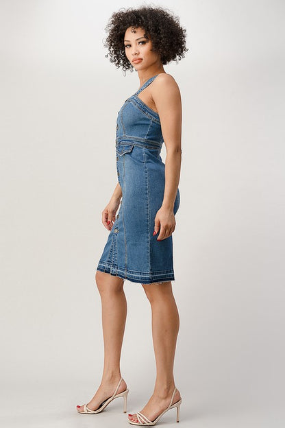 BUTTON DOWN STRAP RELEASED HEM BOTTOM DENIM DRESS