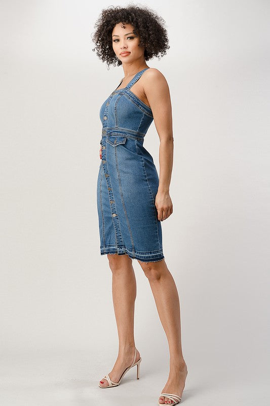 BUTTON DOWN STRAP RELEASED HEM BOTTOM DENIM DRESS