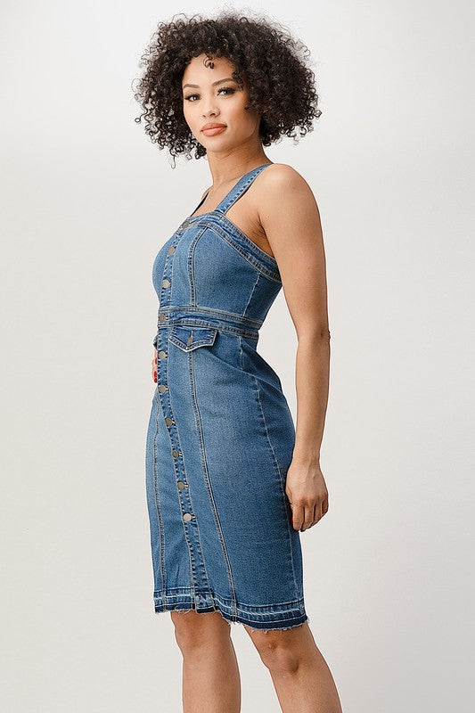 BUTTON DOWN STRAP RELEASED HEM BOTTOM DENIM DRESS