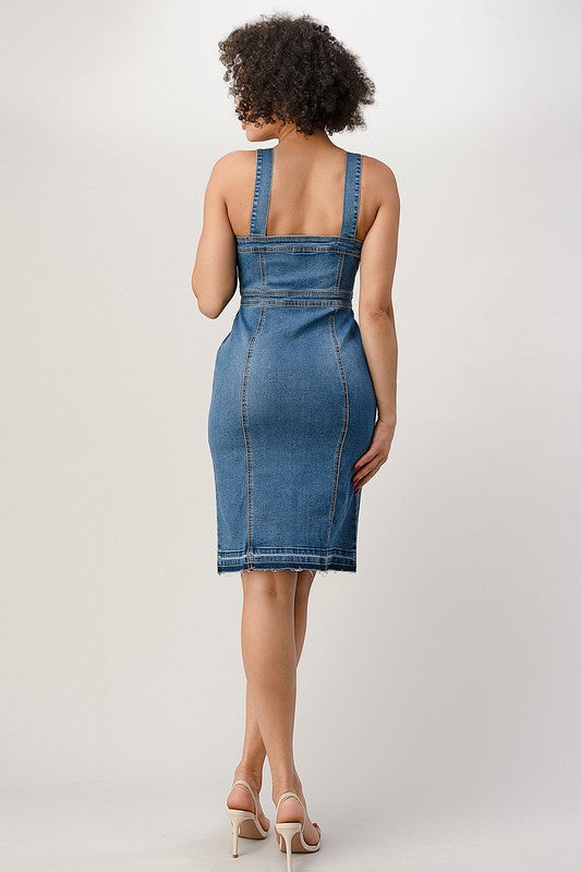 BUTTON DOWN STRAP RELEASED HEM BOTTOM DENIM DRESS