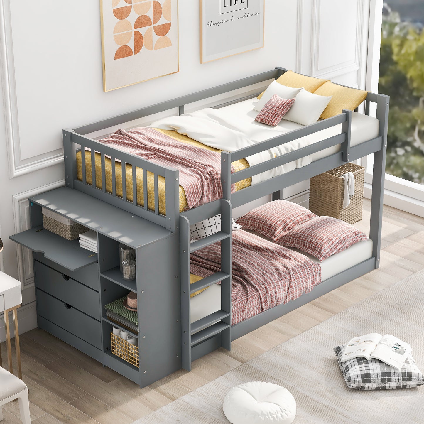 Twin over Twin Bunk Bed with Attached Cabinet and Shelves Storage ,Gray (OLD SKU:GX000513AAE)