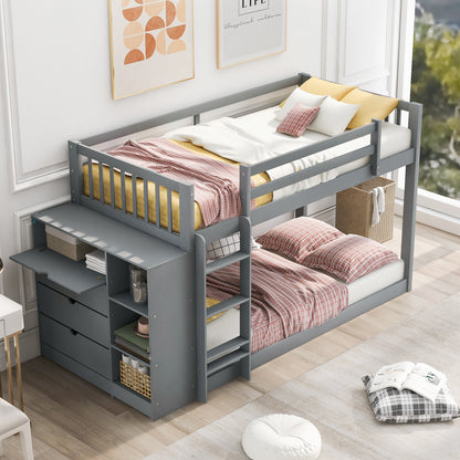 Twin over Twin Bunk Bed with Attached Cabinet and Shelves Storage ,Gray (OLD SKU:GX000513AAE)