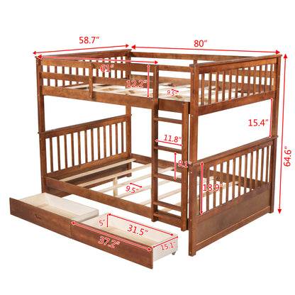 Full-Over-Full Bunk Bed with Ladders and Two Storage Drawers (Walnut)