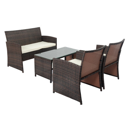 4 PCS Wicker Patio Conversation Set, Outdoor Rattan Sofas with Table Set, Patio Furniture Set with Soft Cushions & Tempered Glass Coffee Table